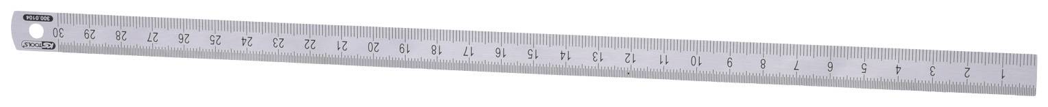 Ein langer, silberner Metalllineal mit schwarzen Markierungen und Zahlen von 0 bis 30 Zentimeter.