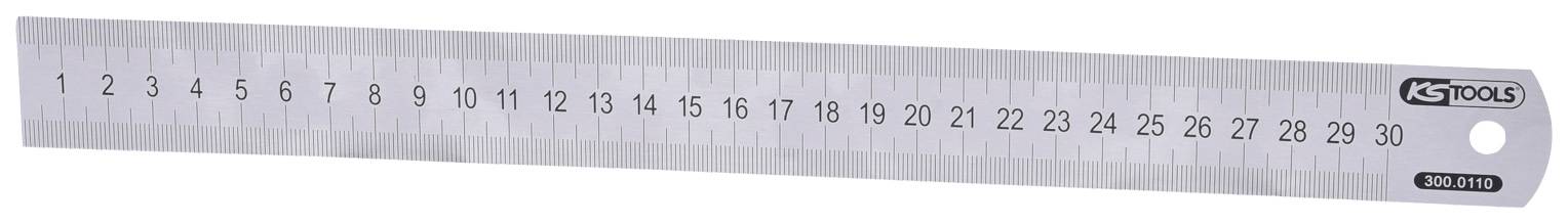 Ein silbernes Lineal aus Metall mit Markierungen von 1 bis 30 Zentimetern und einer Aufschrift 'AS Tools 30cm'.