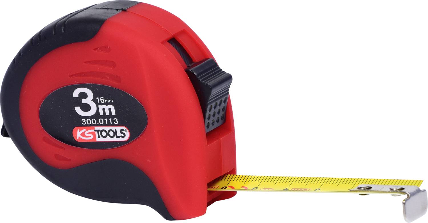 Ein rot-schwarzes Maßband mit einer Länge von 3 Metern ist teilweise ausgezogen. Es gehört zur Marke KS Tools.