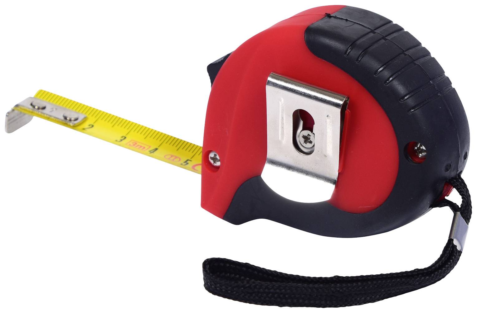 Ein rot-schwarzes Maßband mit gelbem Band, das ungefähr 6 Zentimeter ausgezogen ist.