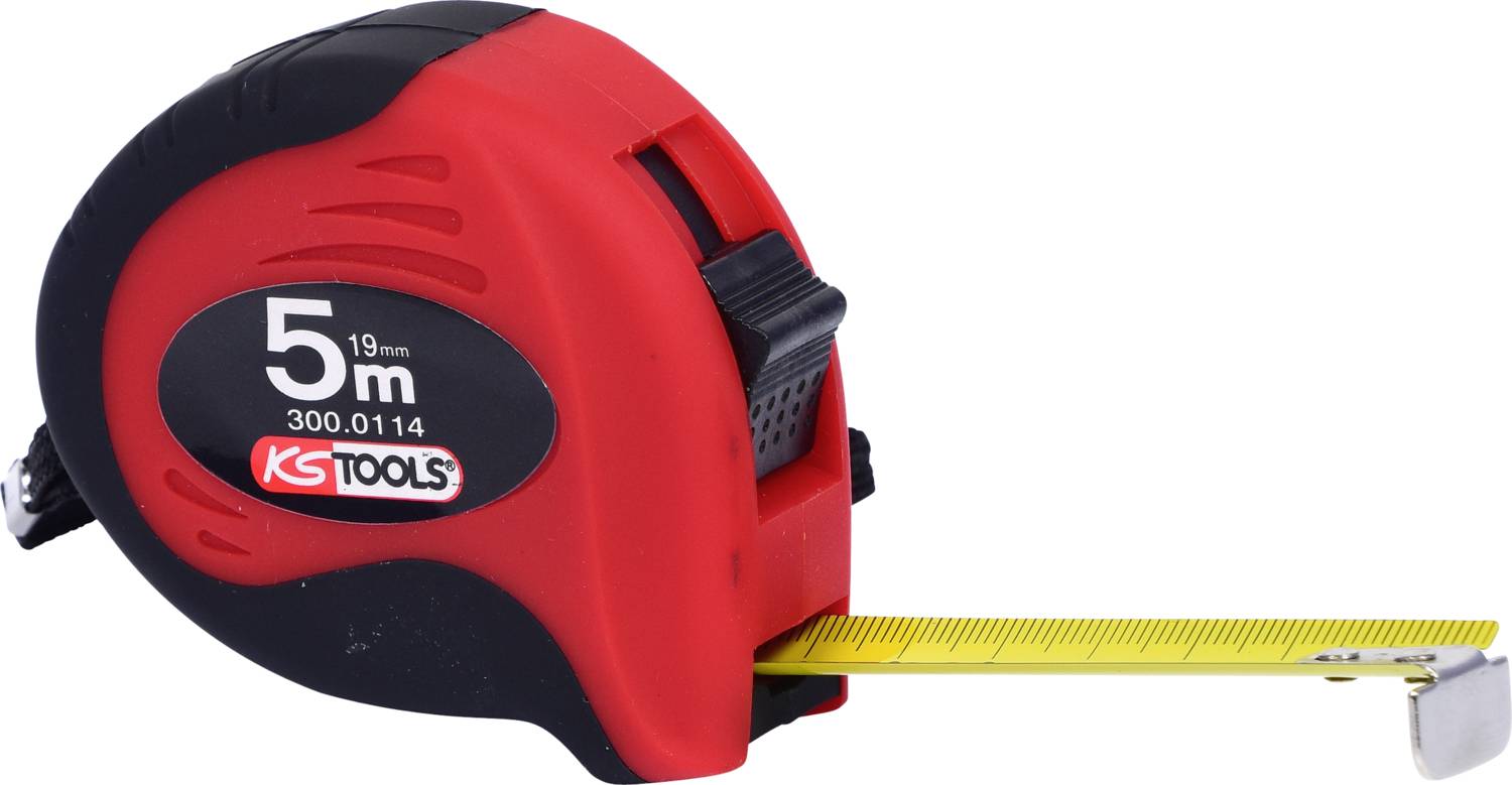 Rotes Maßband, 5 Meter lang, mit KS Tools Logo, ausgezogenes gelbes Band.