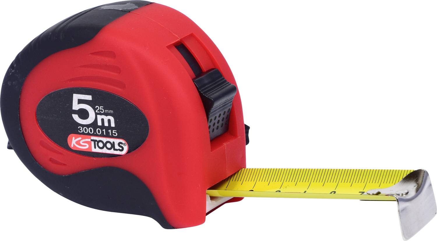 Ein rot-schwarzes Maßband, ausgezogen auf 18 cm, mit einer maximalen Länge von 5 Metern.