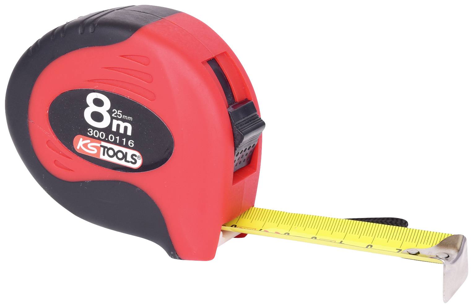 Rotes Maßband mit aufgewickeltem gelbem Band und schwarzer Skala. Aufschrift '8 m, 25 mm, KS Tools'.