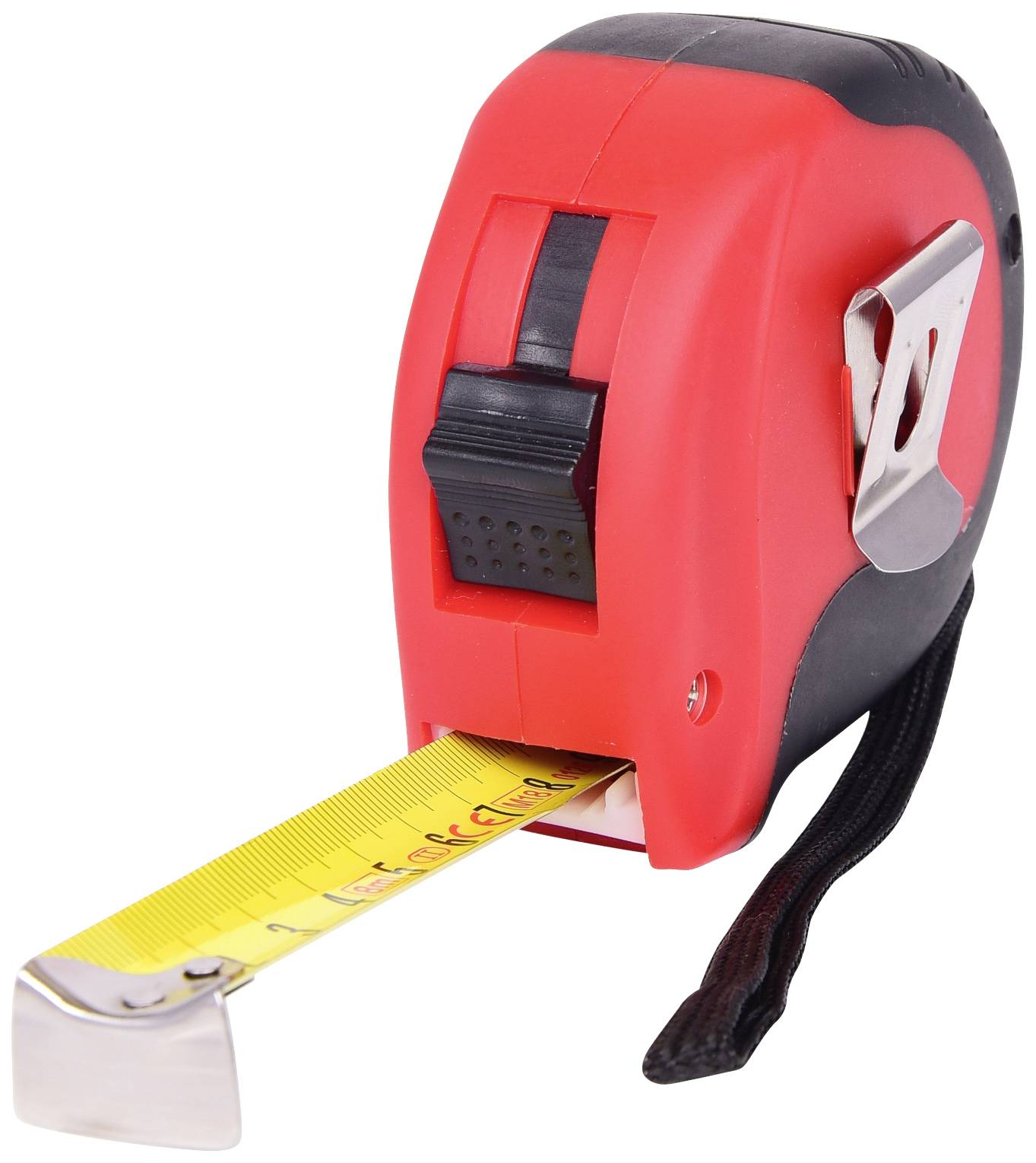 Rotes Maßband mit schwarzem Griff, gelber Markierung und silbernem Clip. Misst Entfernungen und Längen präzise.