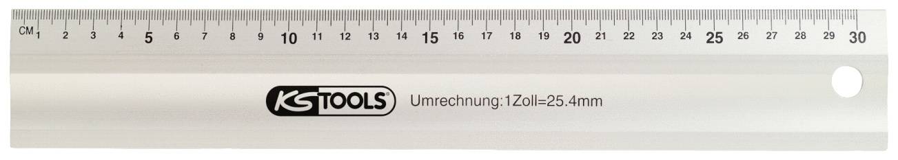 Ein 30-cm-Metalllineal mit Millimeter- und Zentimeter-Markierungen. Das Logo 'KS TOOLS' und die Umrechnung '1 Zoll=25,4 mm' sind sichtbar.