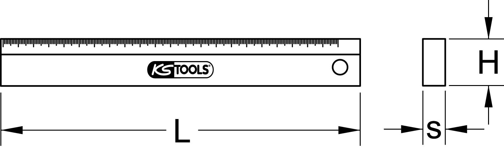 Abbildung eines rechteckigen Lineals mit Maßangaben für Länge (L), Breite (S) und Höhe (H). Das Lineal ist mit dem Logo 'KS TOOLS' versehen.