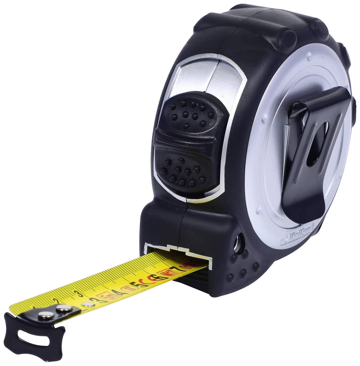 Schwarzes und silbernes Maßband mit ausgezogenem gelben Band, zeigt eine Messung in Zoll an.