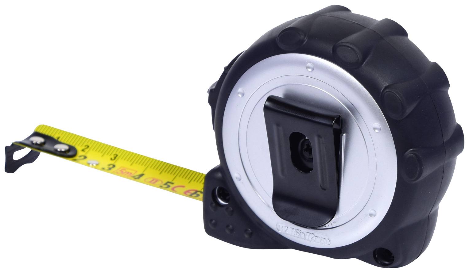 Ein schwarzes Maßband mit einem silbernen Gehäuse und ausgezogener gelber Messskala, auf der Zentimeter angedeutet sind.