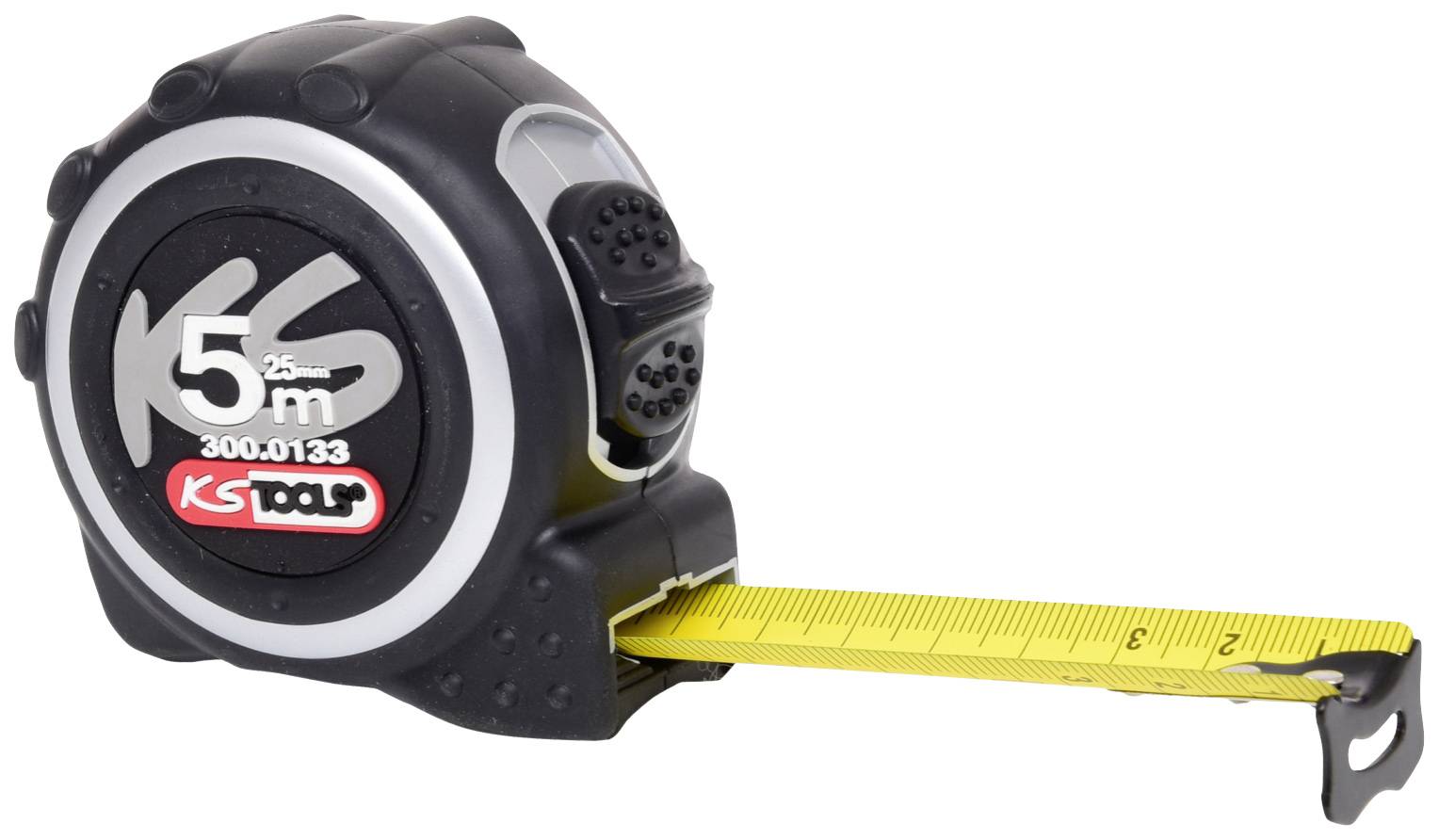 Schwarzes Maßband mit gelbem Band, ausziehbar auf 5 Meter, von KS Tools.