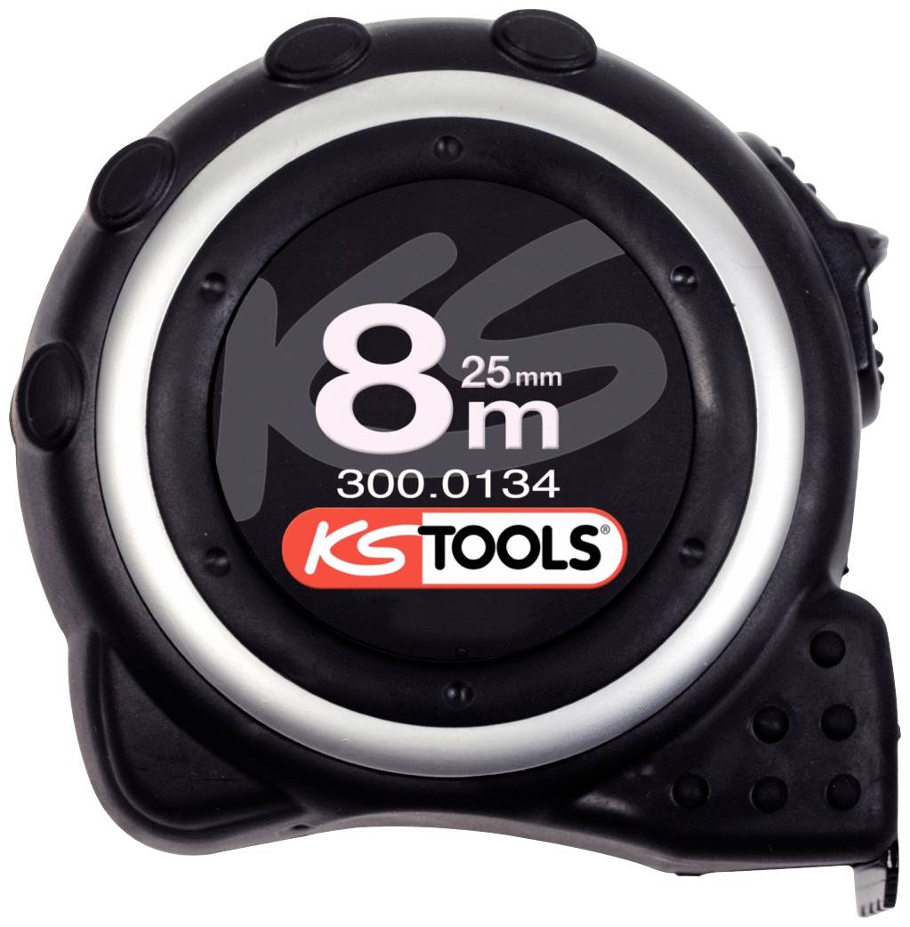 Schwarzes Maßband mit silbernem Rand, zeigt '8m/25mm', Markenname 'KS Tools', Modellnummer '300.0134'.