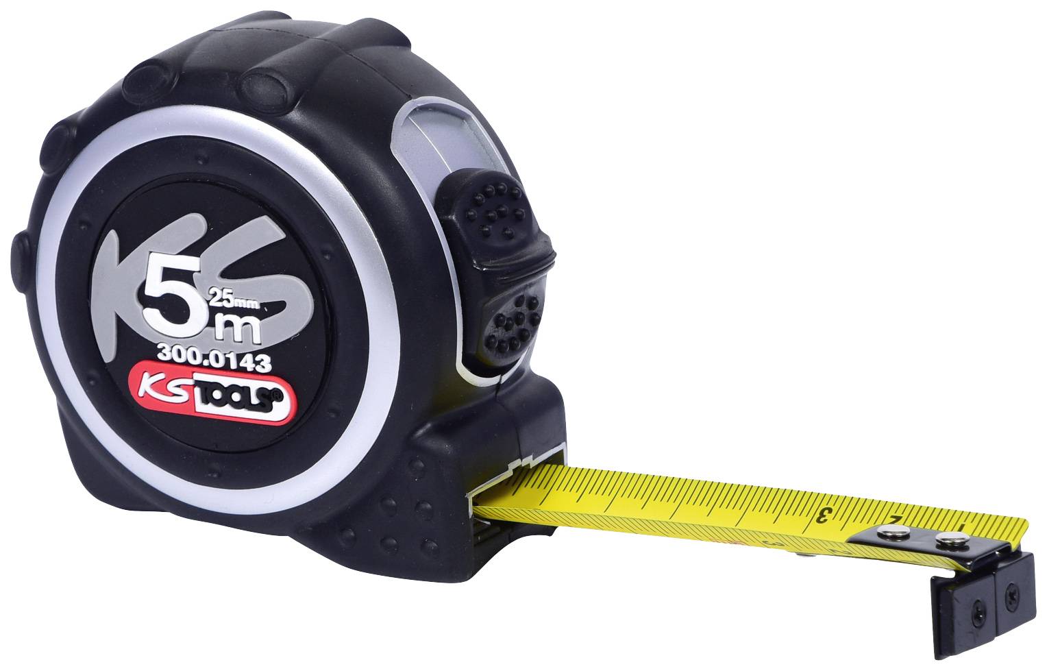 Schwarzes Maßband mit gelber Skala. Markierungen in Metern und Zentimetern sichtbar. Skala auf 5 Metern eingestellt.