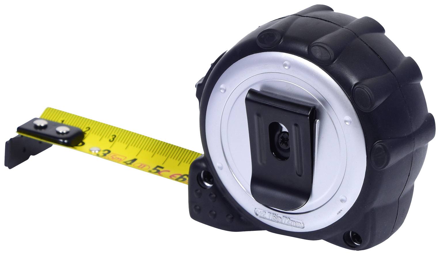 Ein schwarzes Rollbandmaß mit einem ausgezogenen gelben Band zeigt Längen in Zentimetern.