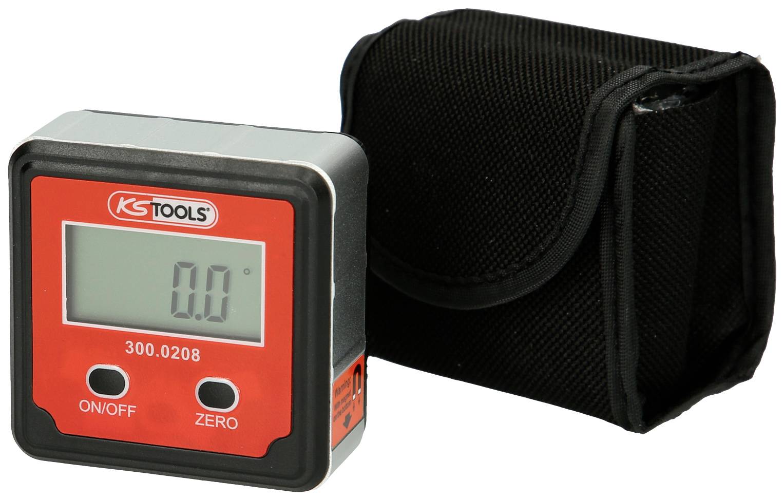 Digitaler Neigungswinkelmesser mit roter Anzeige und Tasche. Zeigt 0,0 Grad an. Markierung 'KS TOOLS' oben auf dem Gerät.