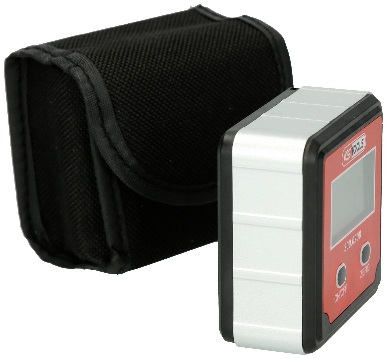 Elektronischer Winkelmesser mit rotem Display und schwarzer Tasche daneben. Geeignet für präzise Messungen und Portabilität.