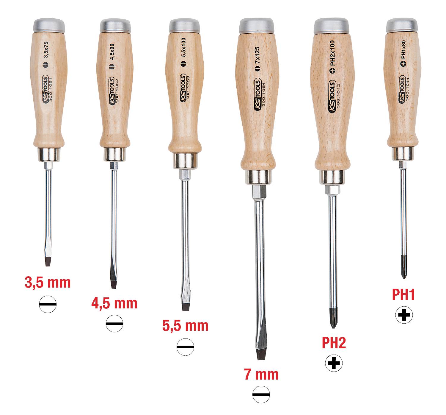 Sechs Schraubendreher mit Holzgriffen, verschiedene Größen und Spitzenformen: drei Schlitz (3,5 mm, 4,5 mm, 5,5 mm), drei Kreuz (PH1, PH2, PZ2).