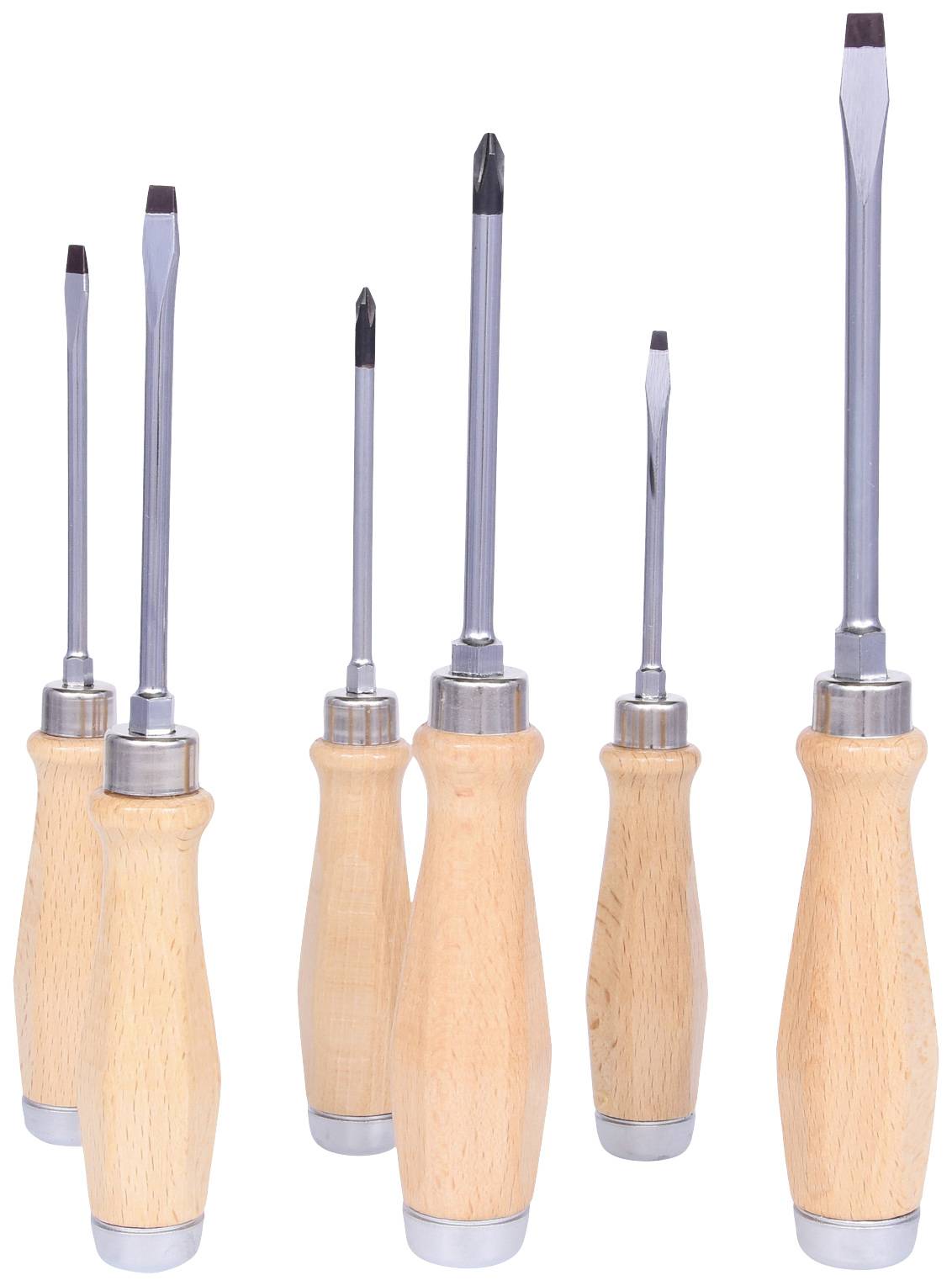 Sechs Schraubendreher mit Holzgriffen stehen nebeneinander. Sie variieren in Größe und Spitzentyp.