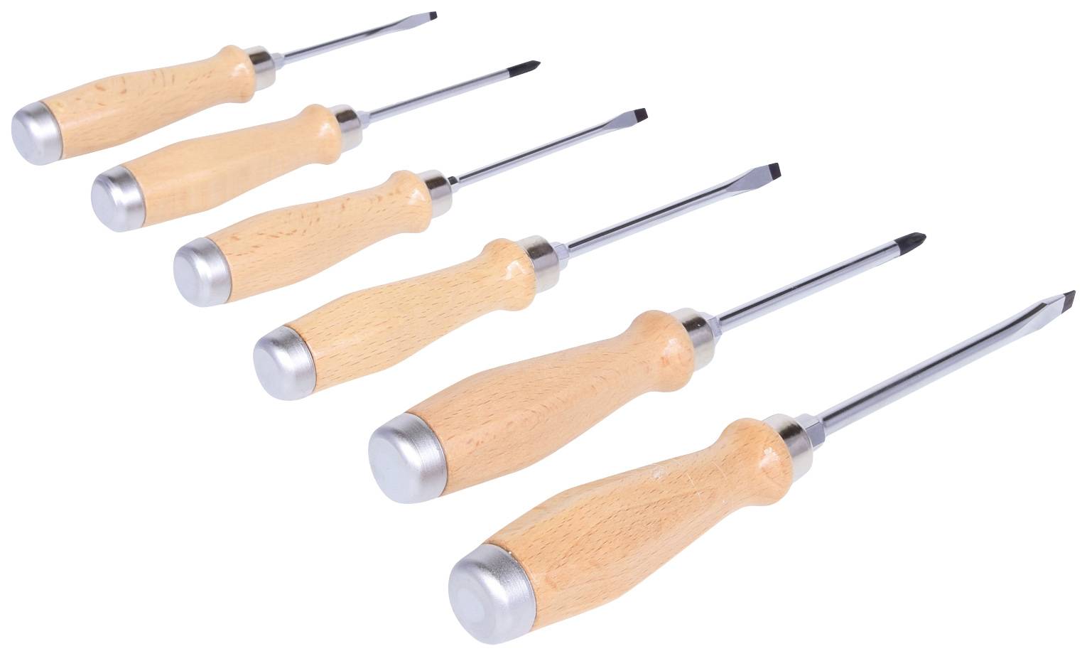 Sechs Schraubenzieher mit Holzgriff in verschiedenen Größen, nebeneinander liegend.