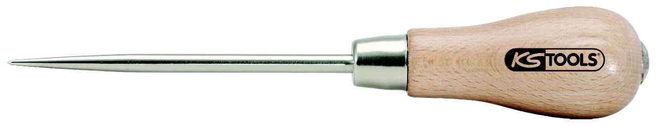 Ahle mit Holzgriff und spitzem Metallstift, verwendet zum Markieren oder Löchern von Materialien. Markenlogo auf dem Griff.