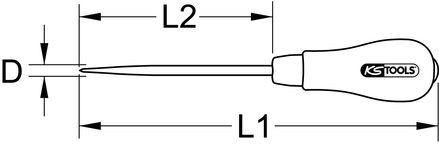 Illustration eines Schraubendrehers mit KSTools-Logo. Maße: L1, L2 und Durchmesser D sind markiert. Griff rechts, Spitze links.