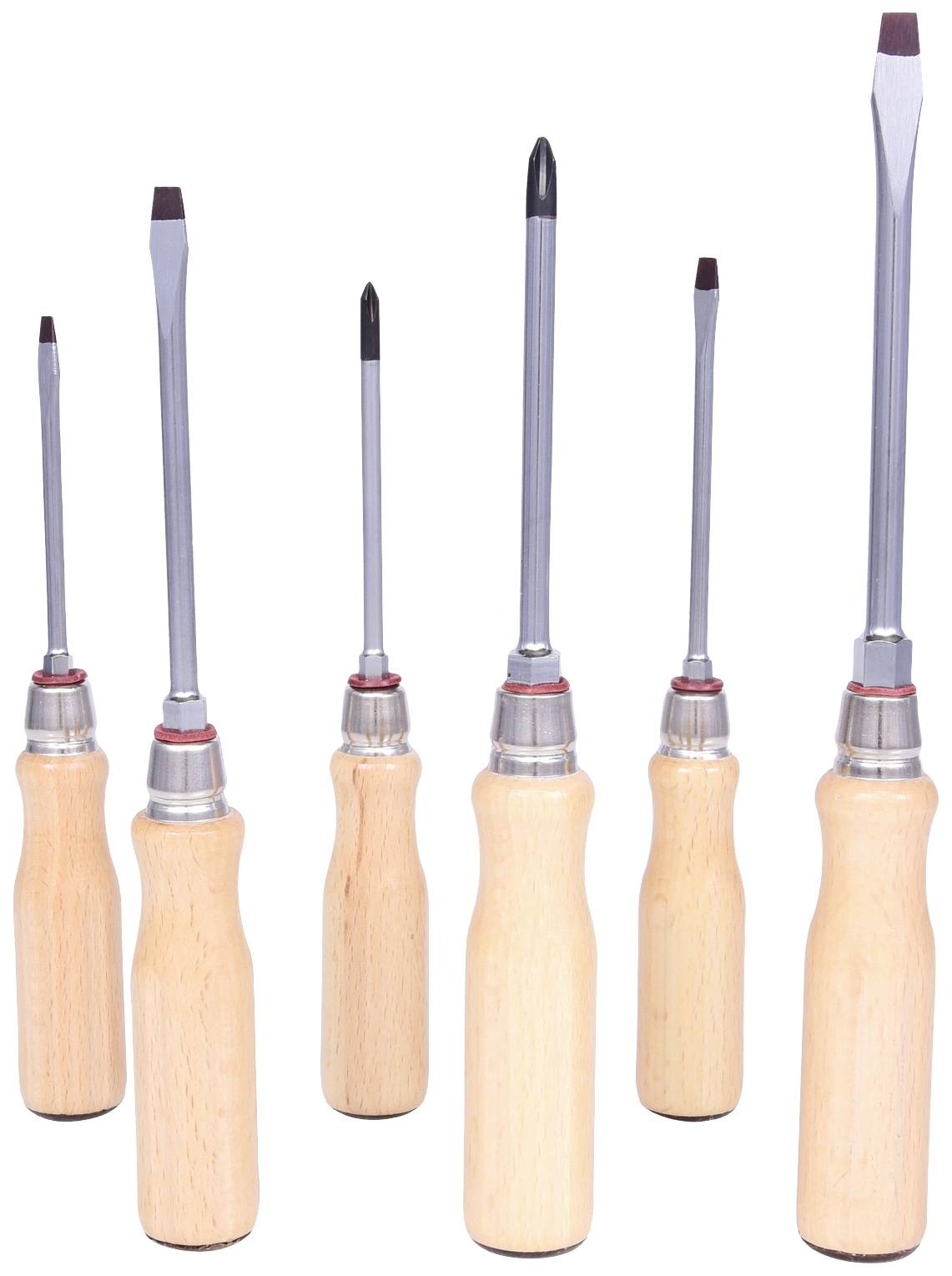 Sechs Schraubendreher mit Holzgriffen, unterschiedlich große Klingen: flach und kreuzförmig.