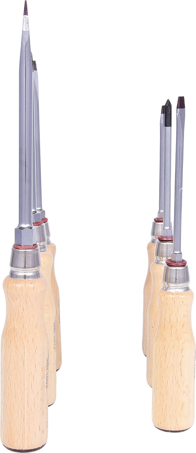Sechs Schraubendreher mit Holzgriffen in zwei Reihen, verschiedene Größen und Spitzen, in einem Werkzeugset angeordnet.