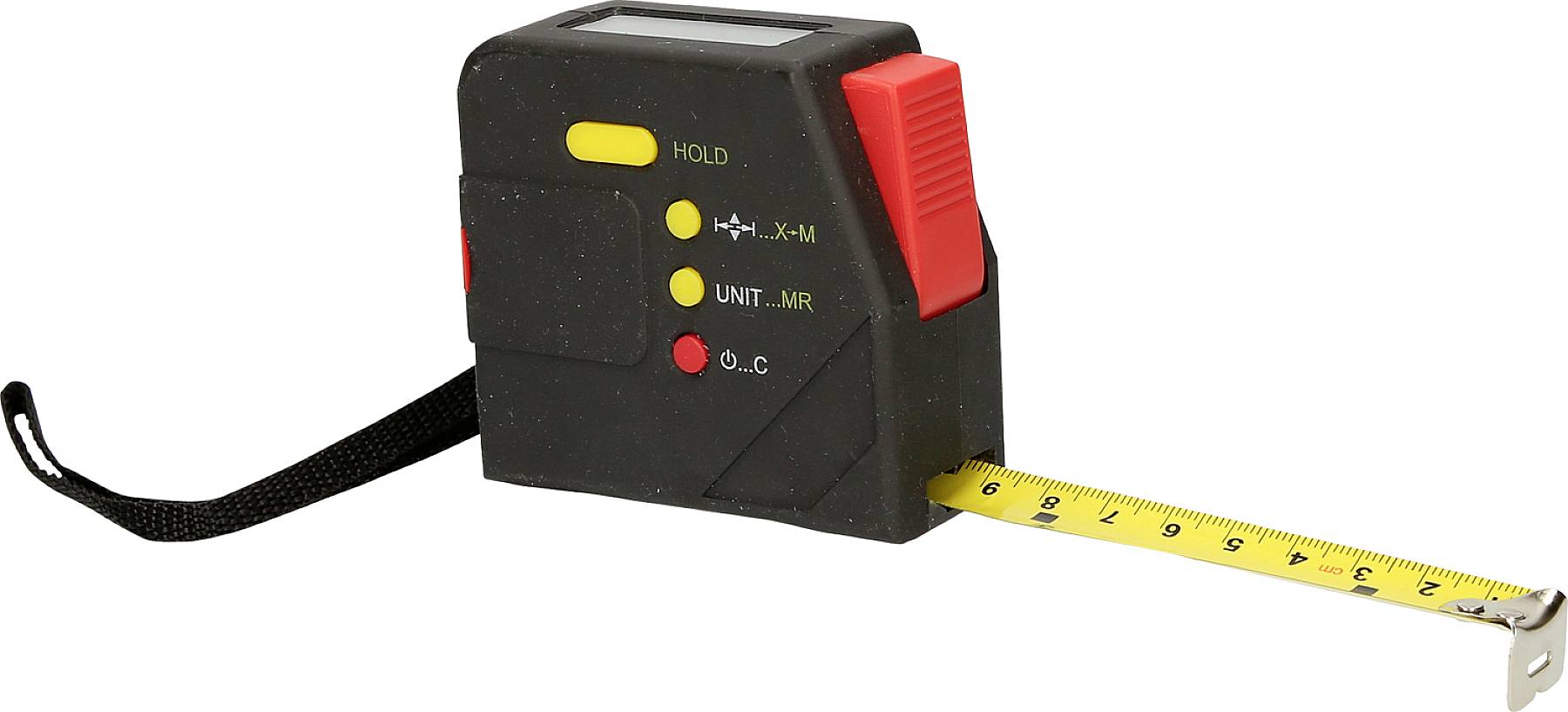Schwarzes und rotes digitales Maßband mit herausgezogenem gelbem Band, Anzeige und Bedientasten an der Seite.