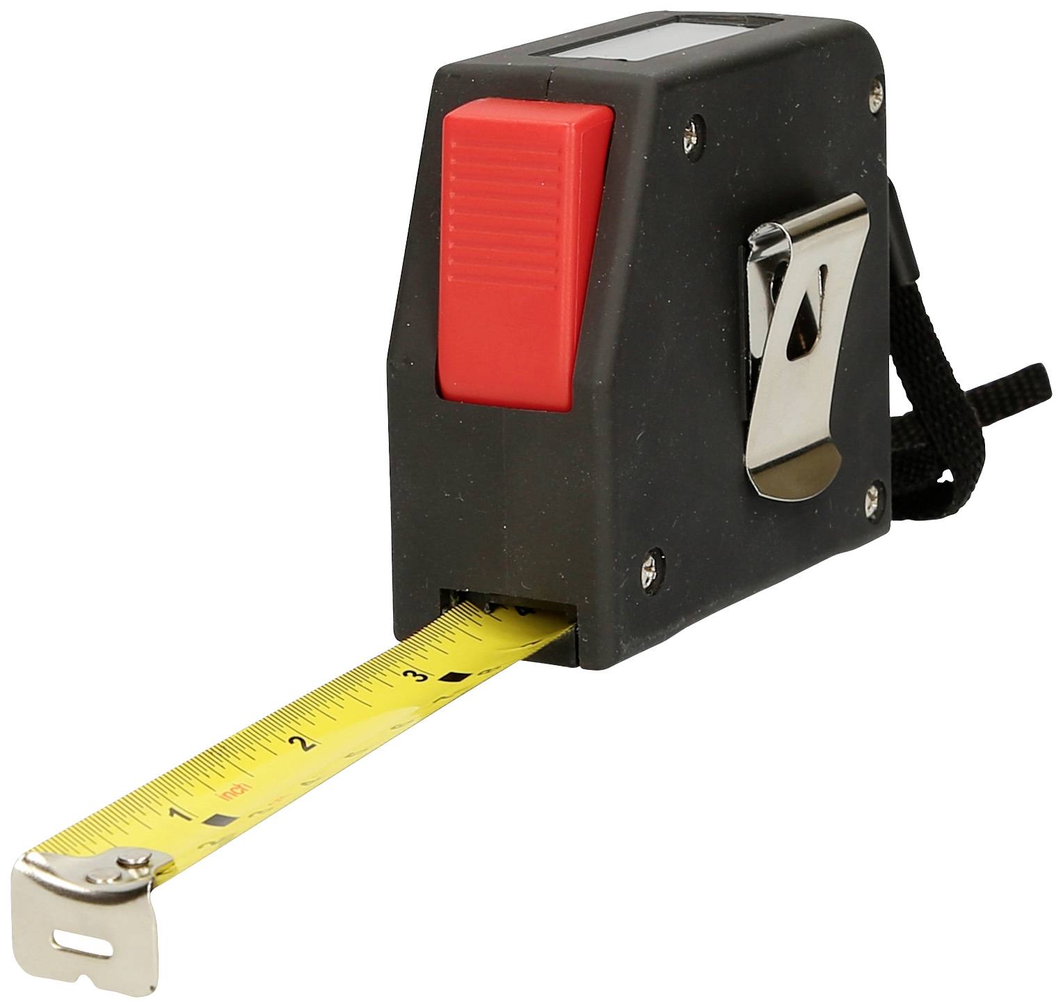 Schwarzes Maßband mit ausgezogener gelber Messskala und rotem Knopf, ideal für Längenmessungen in Handwerk und Bau.