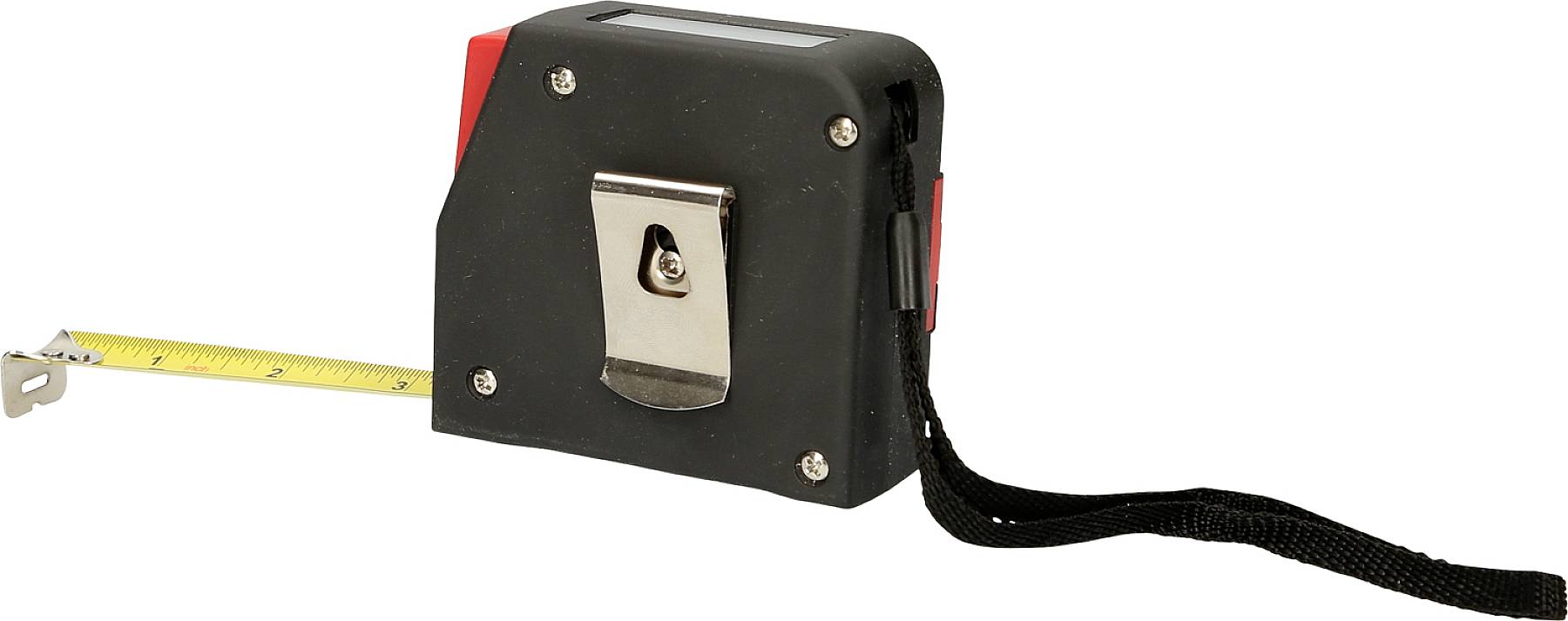 Schwarzes Maßband mit ausgerolltem gelbem Band und Metallclip an der Seite. Ideal zum Messen von Längen und Abständen.