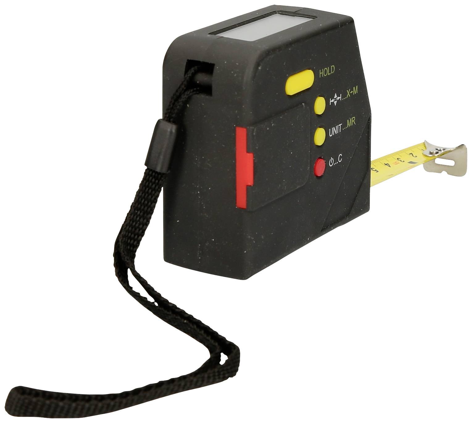 Ein schwarzes Laserentfernungsmessgerät mit gelbem Maßband und Trageschlaufe.