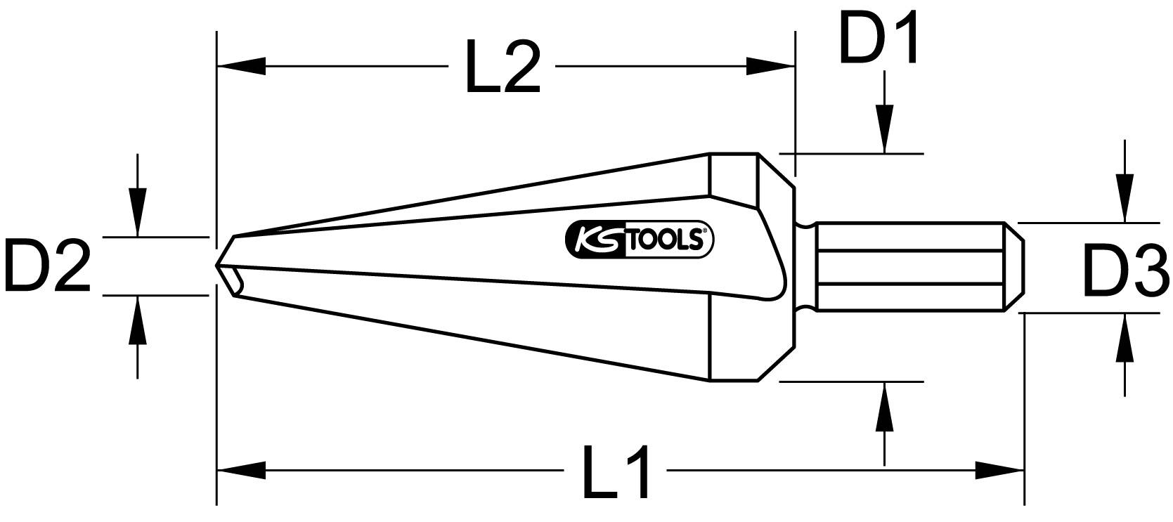 Zeichnung eines Stufenbohrers von KS Tools mit markierten Maßen L1, L2, D1, D2 und D3.