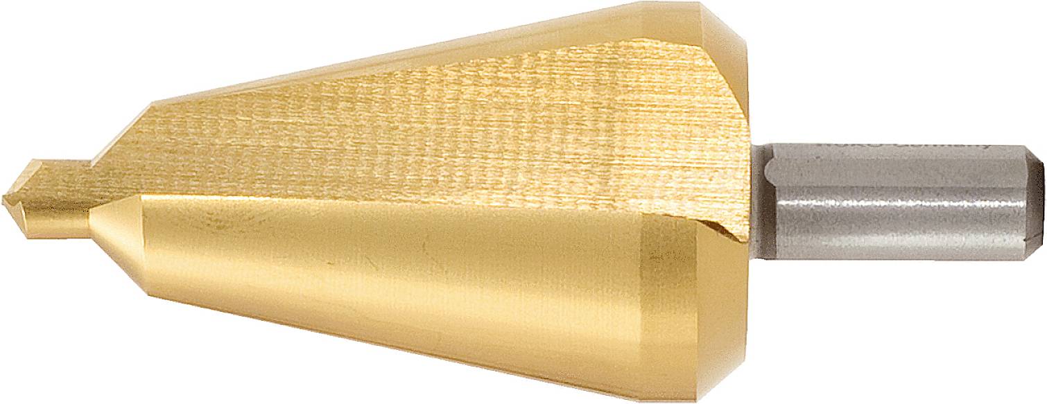 Ein konischer Bohrer aus glänzendem Metall, hauptsächlich in Goldfarbe, mit einem silbernen Schaft, wird von der Seite gezeigt.