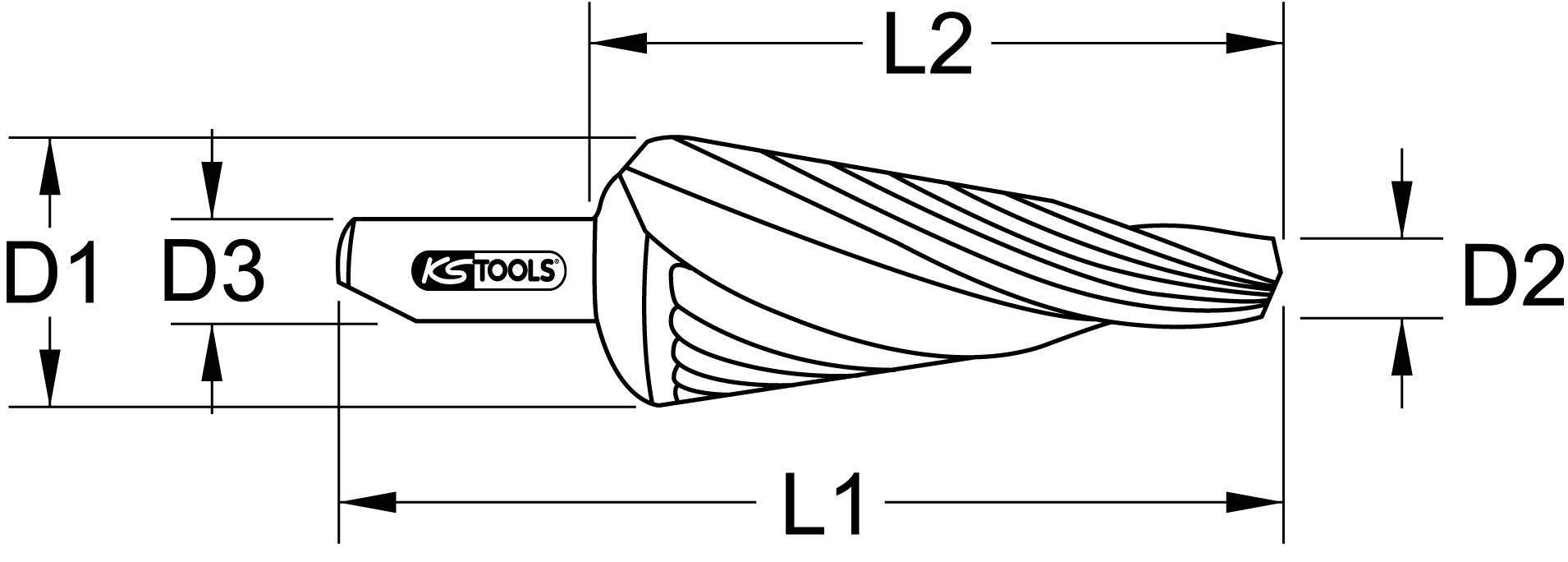 Maßzeichnung eines kegelförmigen Werkzeugs mit Markierung der Längen (L1, L2) und Durchmesser (D1, D2, D3); KS Tools-Logo.