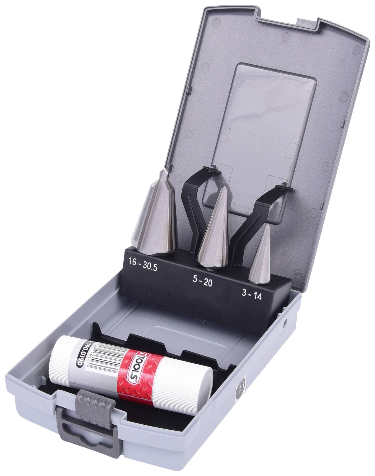 Ein offener Werkzeugkasten enthält drei Kegelbohrer für verschiedene Größen (16-30,5, 5-20, 3-14) und ein weiß-rotes Stoffspray.
