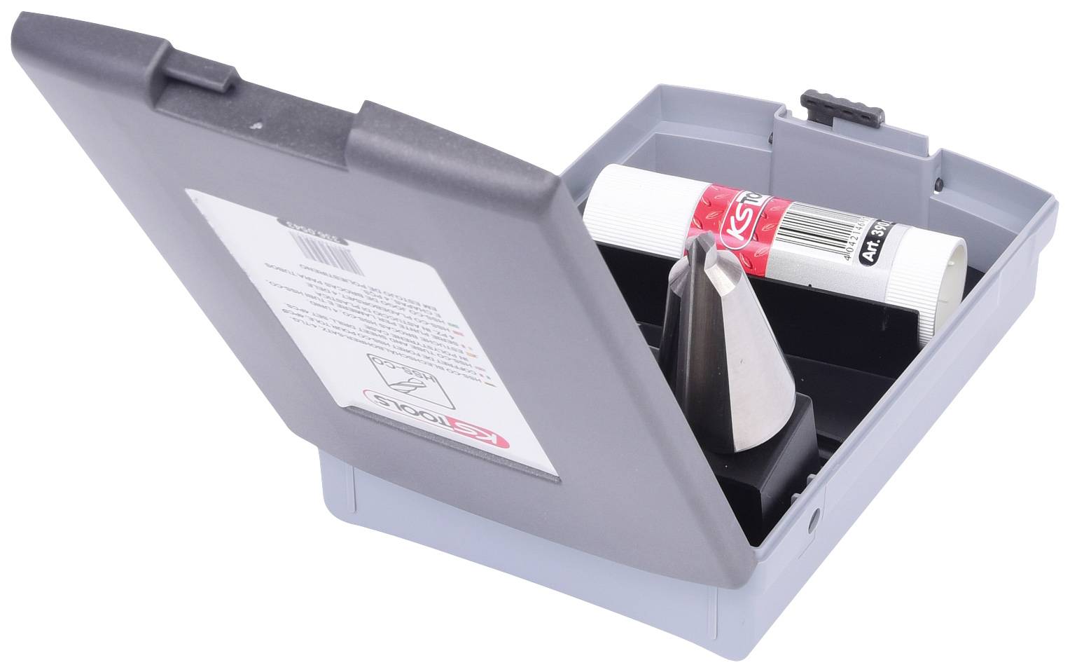 Geöffneter Kasten mit einem Anspitzer und einem Klebestift.