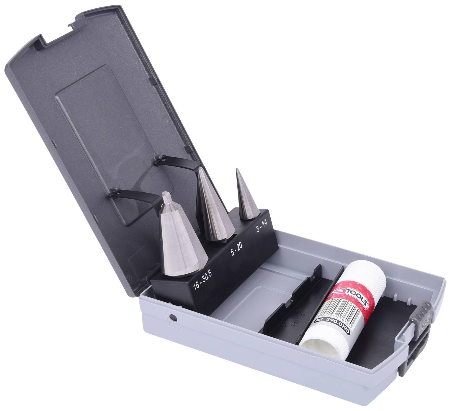 Ein Werkzeugkasten mit drei Metallkegeln verschiedener Größe und einer kleinen Tube Paste, offen dargestellt.