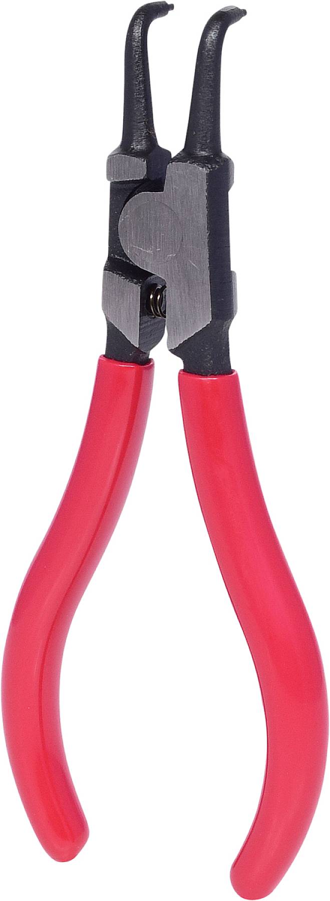 Rote Sprengringzange mit schwarzem Kopf, verwendet zum Einsetzen und Entfernen von Sprengringen in mechanischen Anwendungen.