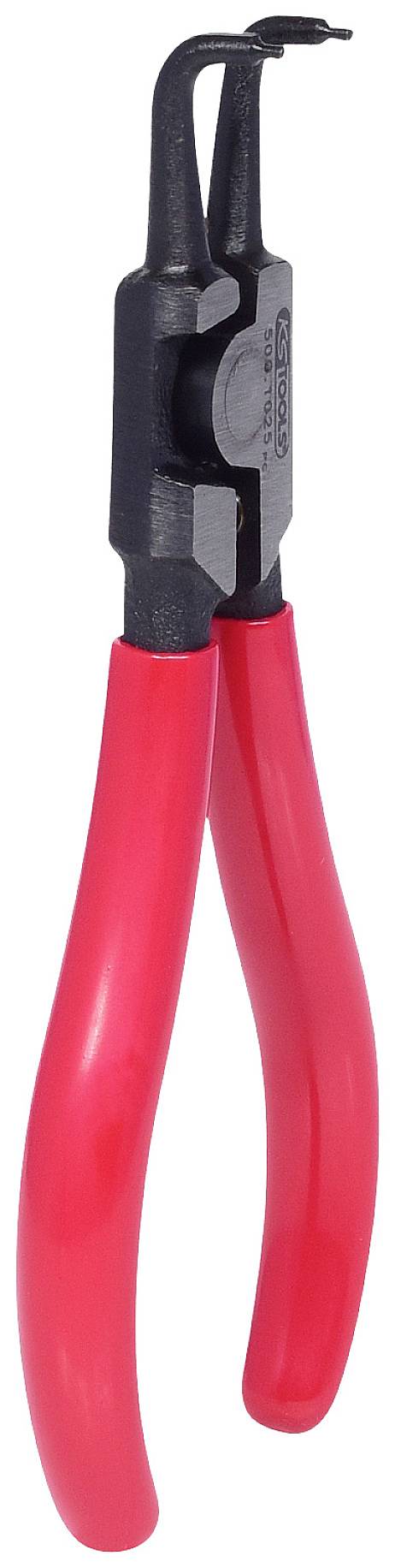 Rote Zange mit schwarzen Klemmen für sicherheitsrelevante Anwendungen, geeignet zum Greifen und Halten kleiner Objekte.