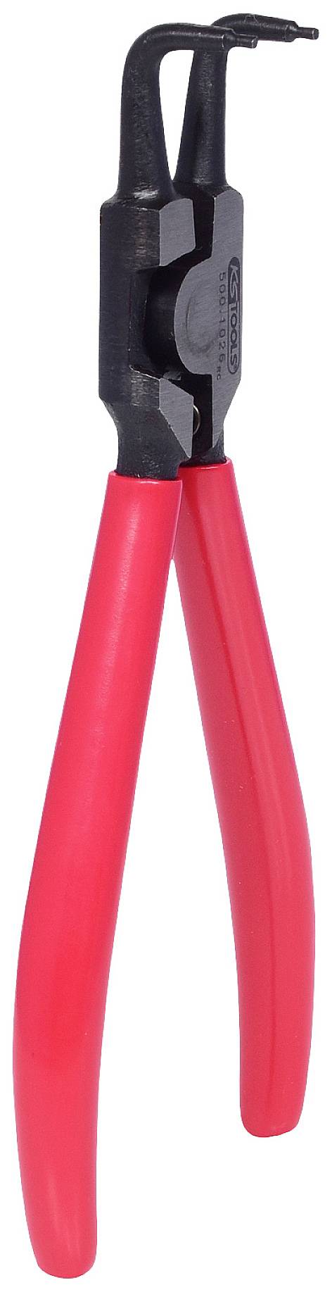 Eine rote Sicherungsringzange mit zwei gebogenen Spitzen zum Entfernen und Befestigen von Sicherungsringen in mechanischen Anwendungen.