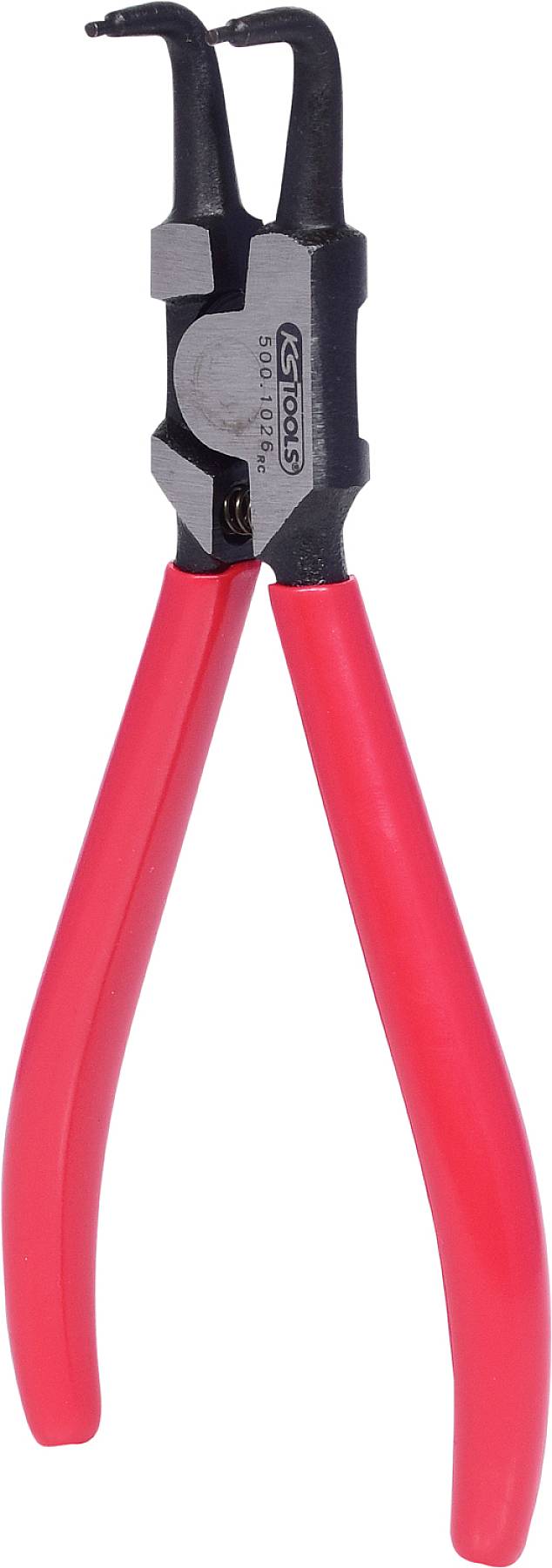 Zange mit roten Griffen und schwarzen Spitzen, verwendet für Federringe oder Sicherungsringe. Ideal für mechanische Arbeiten.