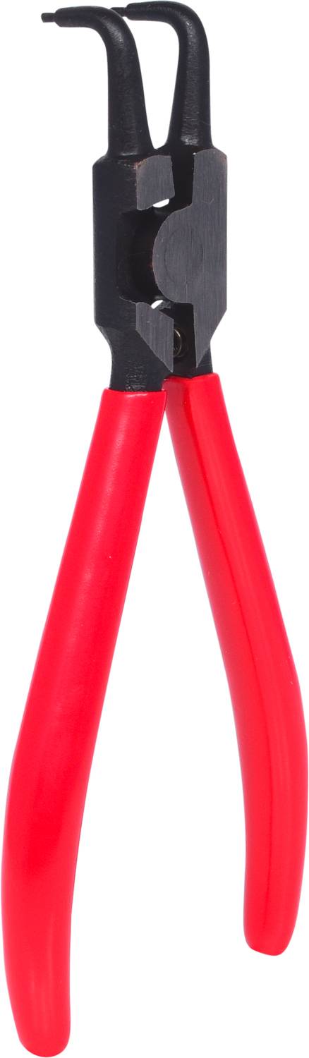 Rote Zange mit geschwungenen Griffen und schwarzem Kopf. Werkzeug zur Befestigung von Verbindungsstücken oder schwer zugänglichen Teilen.