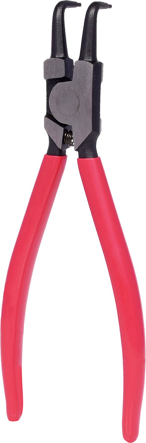 Eine rote Sprengringzange mit schwarzen Greifbacken zum Entfernen oder Anbringen von Sprengringen, verwendet im Handwerk oder Reparaturen.