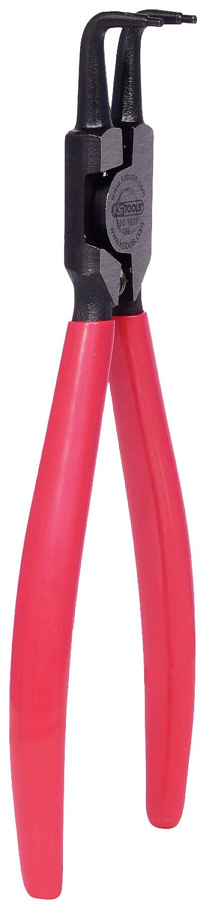 Rote Seegeringzange mit gebogenen Spitzen, geeignet zum Ein- und Ausbau von Sicherungsringen. Werkzeug aus Metall mit Kunststoffgriffen.