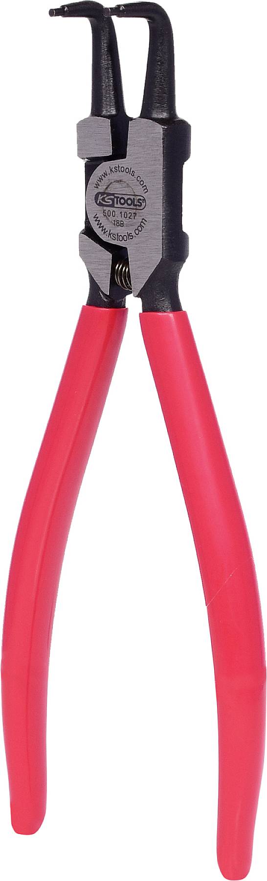 Rote Seegeringzange mit schwarzen Spitzen, geeignet für das Greifen und Entfernen von Sicherungsringen.