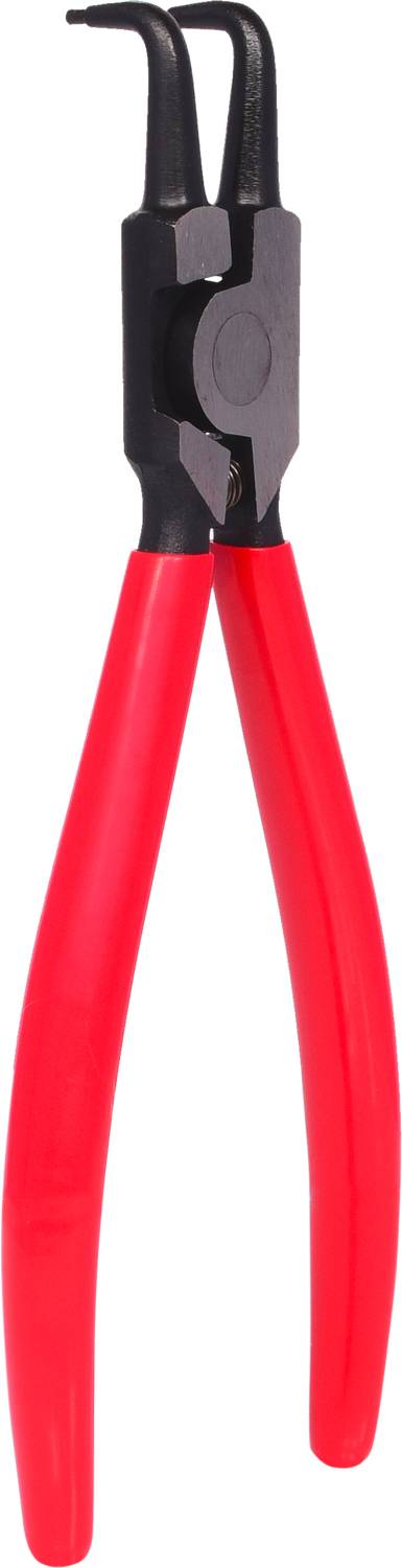 Rote Sprengringzange mit schwarzen Spitzen. Geeignet für die Montage und Demontage von Sprengringen in mechanischen Anwendungen.