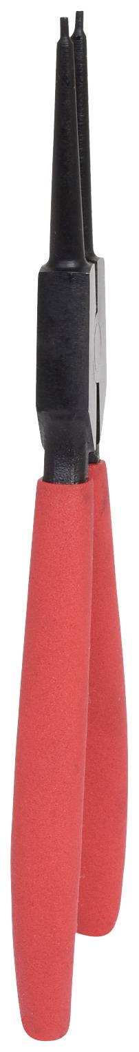 Rote Spitzzange mit schwarzem, schmalem Kopf. Hauptwerkzeug zum Greifen oder Biegen von Draht und kleinen Objekten.