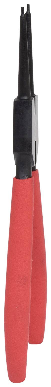 Rote Zange mit schwarzen Spitzen, vermutlich für feine Arbeiten oder Elektronikreparaturen.