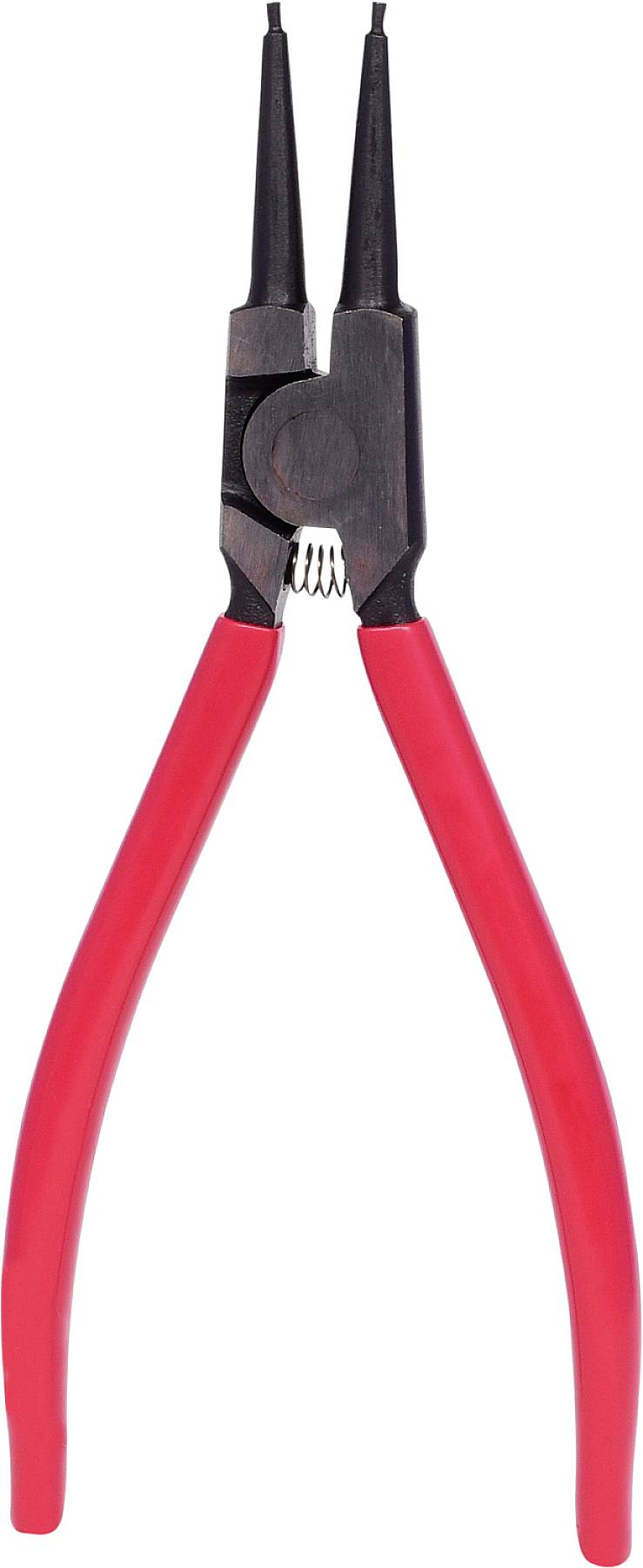 Rundzange mit roten Griffen auf weißem Hintergrund, Werkzeug für das Greifen und Biegen von Draht oder Metall.