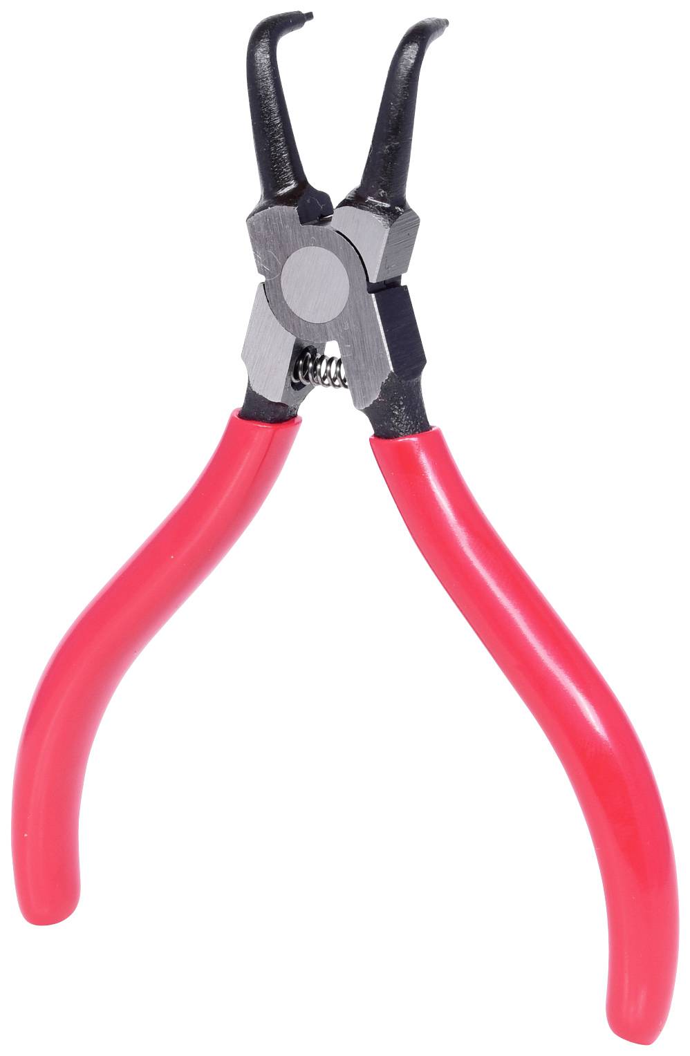 Eine rote Zange mit schwarzen Greifbacken, verwendet zum Greifen und Halten kleiner Gegenstände.