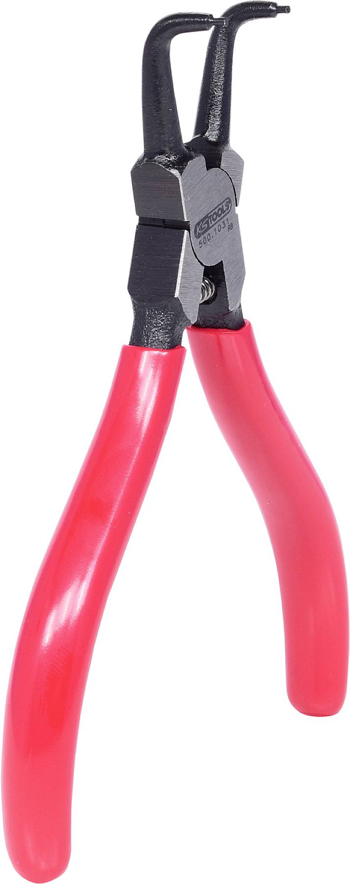 Rote Seegeringzange mit gebogenen Spitzen, geeignet für das Einsetzen und Entfernen von Sicherungsringen aus Metall.