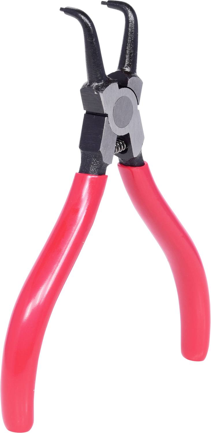 Zange mit roten Griffen und schwarzen Spitzen, geöffnet in einer V-Form, liegt auf weiße Oberfläche. Werkzeugeinsatz im Fokus.